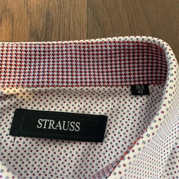 Strauss button up collared dress shirt men’s white red blue - Picture 2 of 6